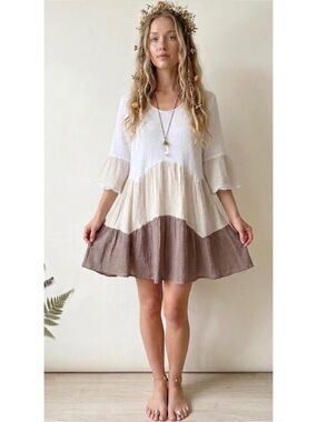 Calstyle Boho Tiered Colorblock Tunic Top Crochet Trim Bell Sleeves